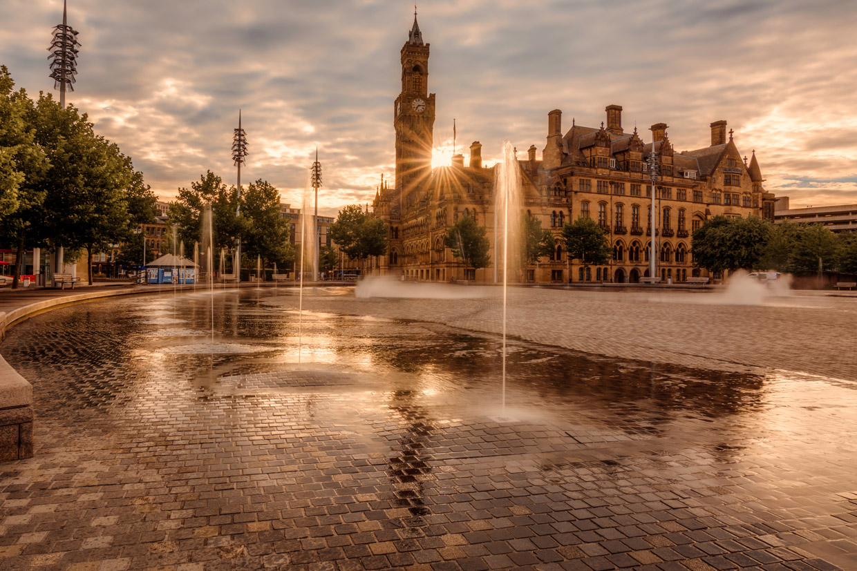 Sunrise over Bradford City Hall
