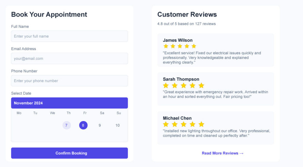 Electrician website appointment booking call to action