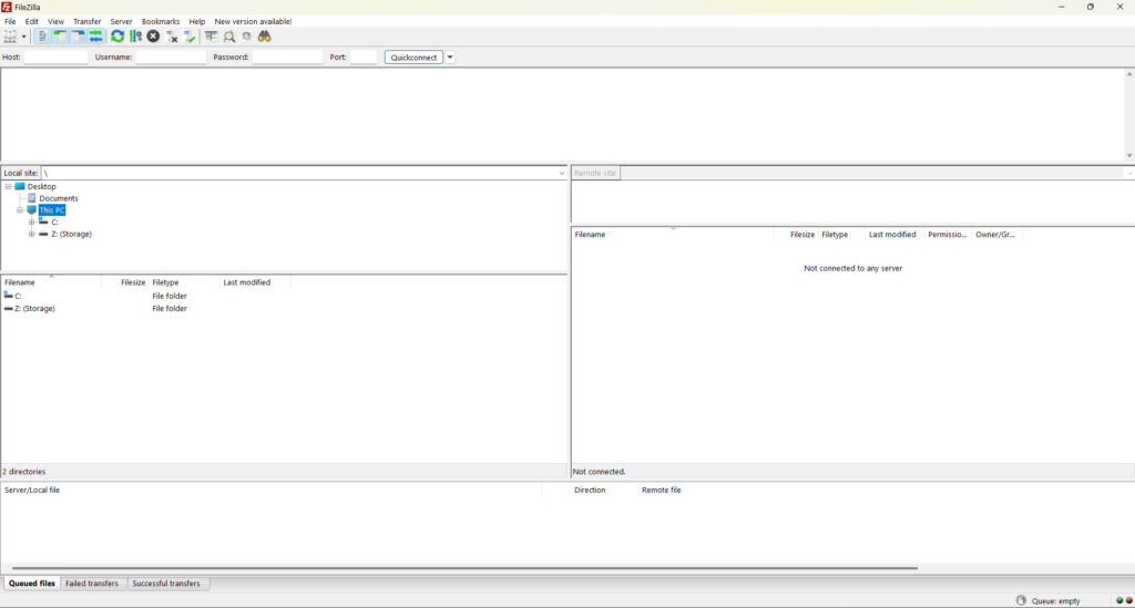 FileZilla FTP main screen for transferring WordPress to a new host