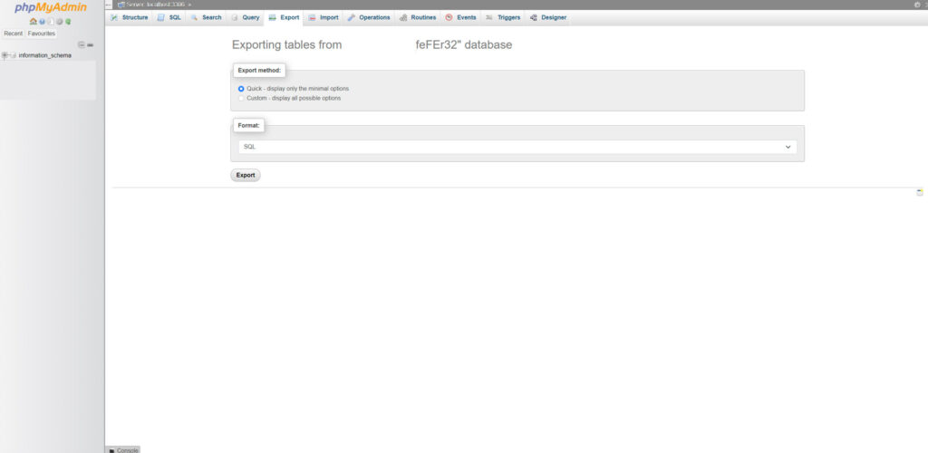PHPMyAdmin SQl Export screen to export database to move WordPress to a new host